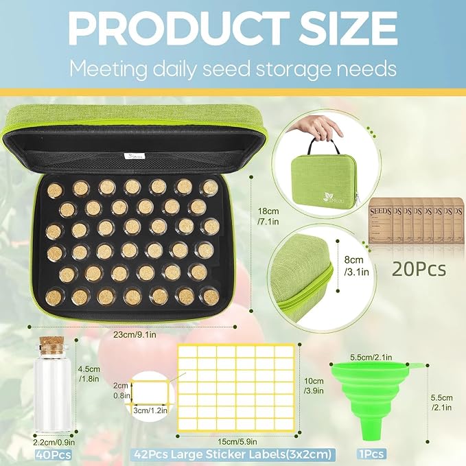 40 Slots Seed Storage Organizer with 20 Seed Envelopes, Sturdy Organizer Storage Box with Label Stickers, Glass Container for Flower Vegetable Garden Seed Saving (Seeds not Included)
