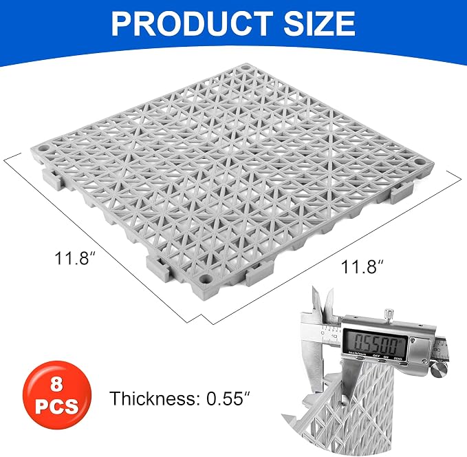 MYFAMIREA Modular Interlocking Cushion 8 Pack 11.8" x 11.8" Rubber Floor Tiles Non-Slip Splicing Drainage Mats for Deck, Gray