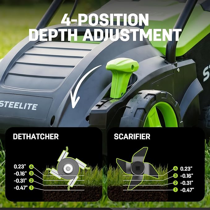 STEELITE 13-Inch 2-in-1 Electric Dethatcher & Scarifier, 8-Gallon Removable Collection Bag, 4-Position Height Adjustment, Powerful 12-Amp Motor for Healthier Lawns