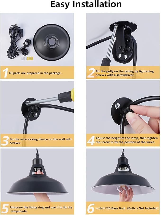Lomoky Plug in Pendant Light, Hanging Lamp with Black Barn Pendant Lighting with 14.76ft Cord On/Off Switch, Adjustable Pulley Hanging Pendant Lighting for Kitchen Bedroom Restaurant 2 Pack