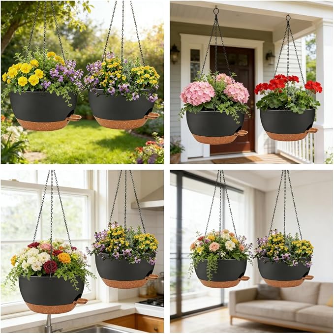 2 Pack 12" Self Watering Hanging Planters, Black Brown with Chains | Plastic hanging baskets with 43 Oz removable reservoir, for indoor outdoor plants, patio porch garden balcony decor