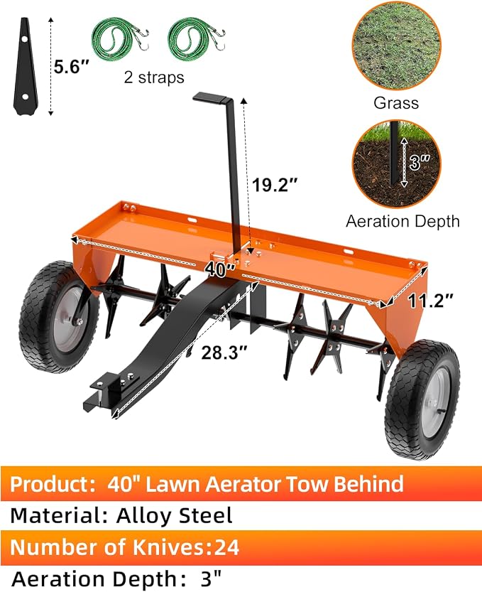 40" Tow Behind Aerator, Pull Behind Lawn Aerator Tool with Universal Hich, 24 Rust-Proof Knives & Heavy-Duty Tires, Plug Aerator for Yard & Garden Compacted Soil, Fits Lawn Tractors, ATV, UTV, Orange