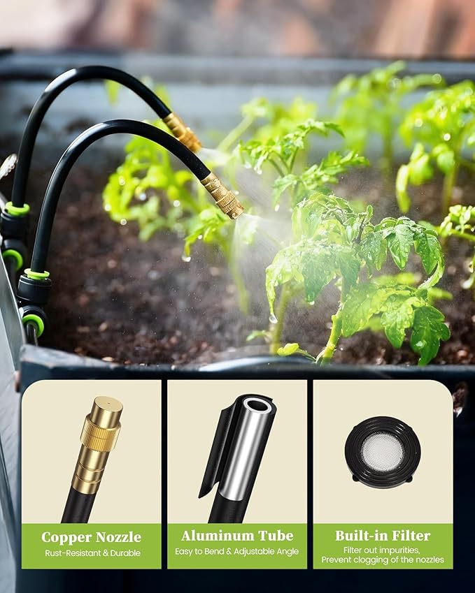 RAINPOINT Drip Irrigation System, Garden Watering Kit with 360°Adjustable Copper Nozzles, Automatic Atomizing Watering Sprinkler System for Greenhouse, Lawn, Raised Beds, Outdoor Plants (Green, 100FT)