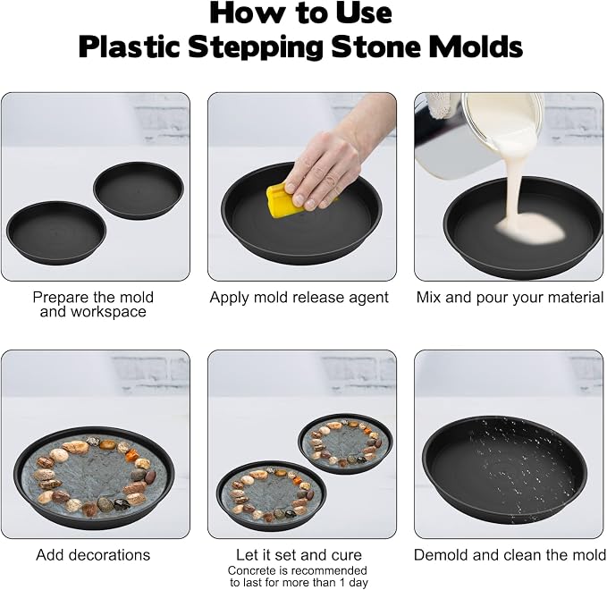 2 Size Round Stepping Stone Molds, 6 Pcs 10''/ 11.2'' Reusable Concrete Mold for Garden Stepping Stones Large Tray for Concrete and Stained Glass for Garden Walk Way Black