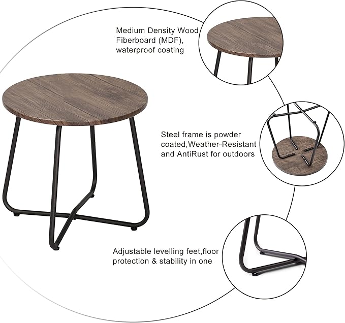 VECELO 17.7 inch Small Round Outdoor Side Table,Patio End Table,Waterproof Wood Table with Weather Resistant Steel Adjustable Feet for Living Room Bedroom Garden Yard Balcony Porch Poolside