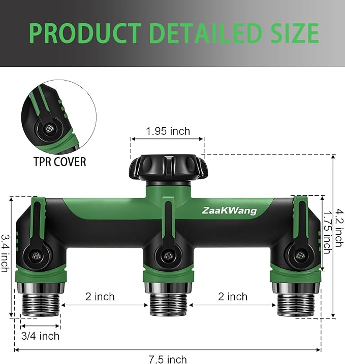 Garden Hose Splitter, 3 Way Hose Splitter, Heavy Duty Water Hose Bib Spigot Splitter, Outdoor Faucet Splitter with Shutoff Valve, T Adapter Connector with 3/4 - Inch GHT Thread (Green)