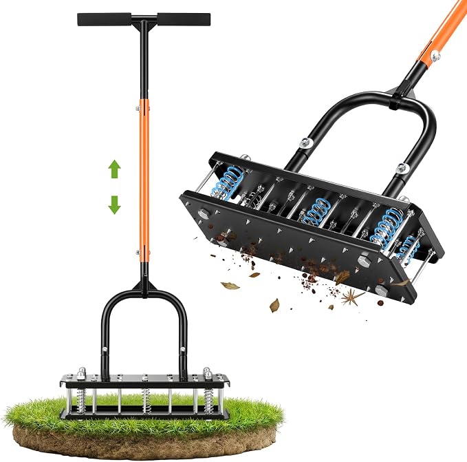 Manual Lawn Aerator Tool, Heavy Duty All Metal with 21 Steel Tines, Spring-Loaded Self-Cleaning for Soil Aeration, Adjustable Height Tool for Garden, Lawn, Yard