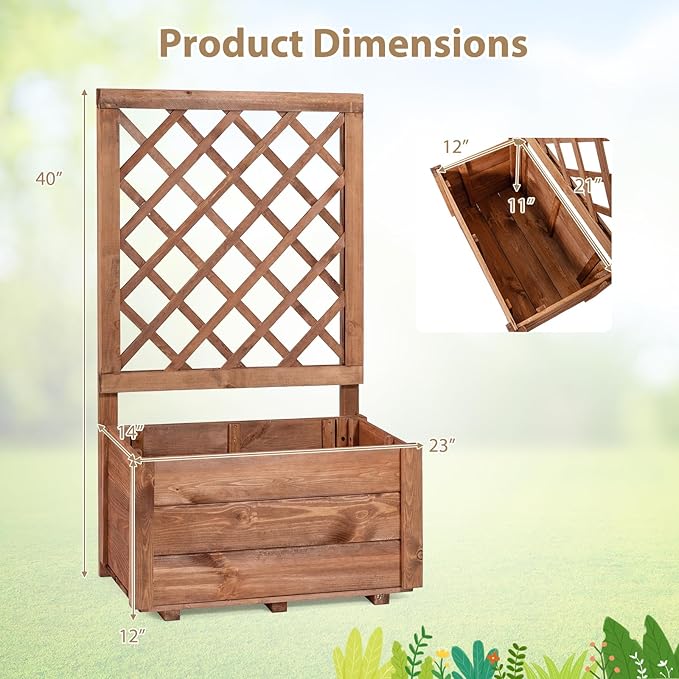 Giantex Raised Garden Bed Set 2 w/Trellis, Drainage Hole, 23”x14”x40” Wood Elevated Planter Box for Climbing Vine Flower Herb Vegetable Fruit, Planting Container for Indoor Outdoor Patio Balcony