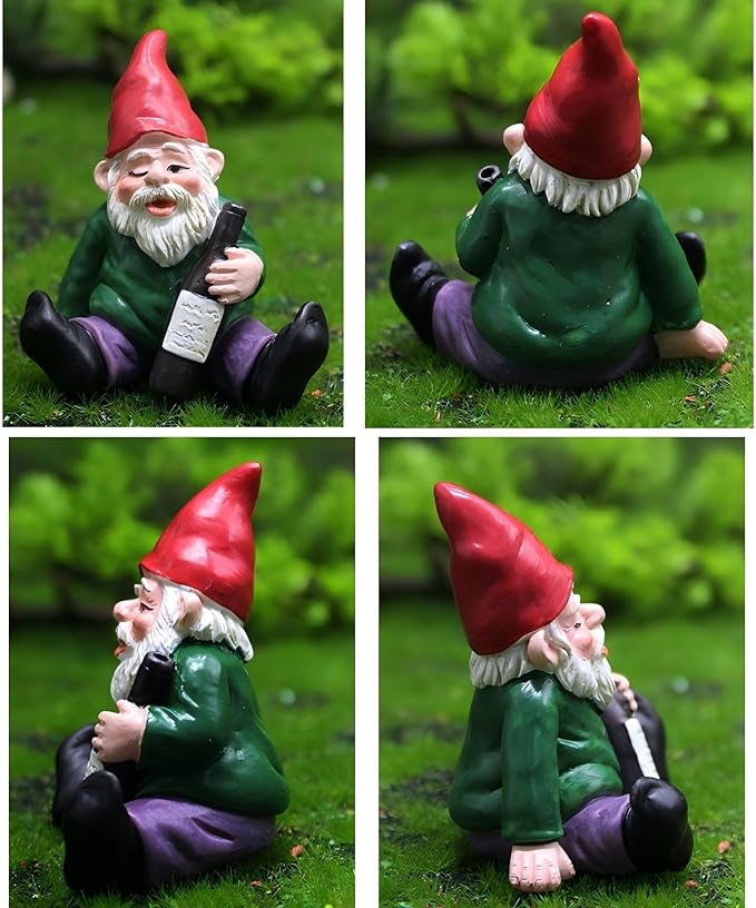 Set of 4 Mini Garden Gnomes with Campfire - 3 Drunk Gnome Figurines and 1 Campfire for Fairy Garden Decor, Plant Pot Decorations, Dashboard Ornaments, and Outdoor Spaces