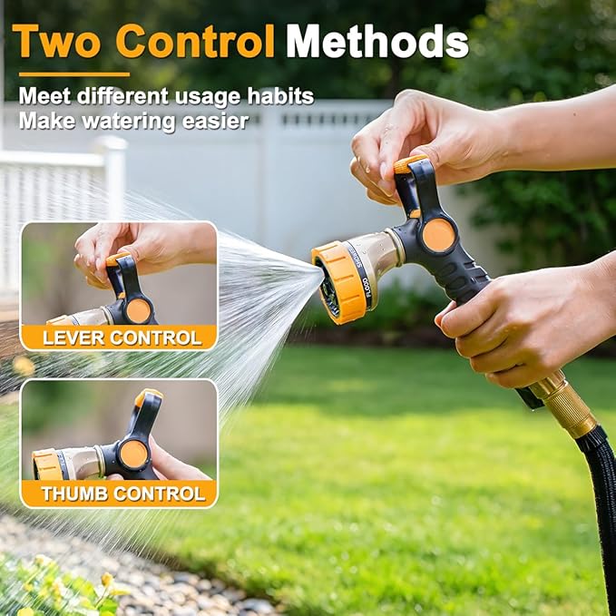 FANHAO Fireman-Style Garden Hose Nozzle, Heavy-Duty Metal Water Hose Sprayer with Lever Control & Thumb Control, 7 Spray Patterns, High-Pressure Water Nozzle for Lawn Watering, Car & Pet Washing