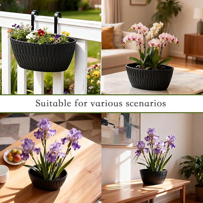 9 Inch Hanging Flower Pots, 3 Pcs Black Railing Fence Hanging Bucket Planter with Detachable Hooks, Countryside Window Plant Holder for Outdoor Garden Yard Home Decor