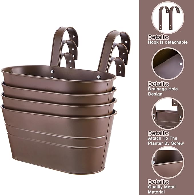 Hicarer Metal Hanging Flower Pots for Railing Fence, Large Hanging Rail Planters for Outdoor Window Balcony Plants Holder with Hooks for Garden Yard Home Decor(Chocolate,4 Pcs)