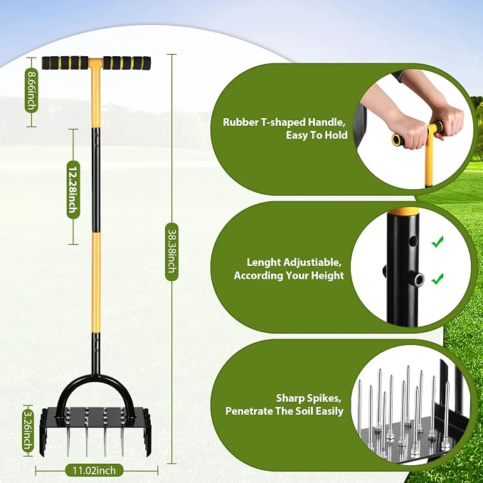 2-in-1 Lawn Aerator, Manual Core Aerator Lawn Tool with 24-Spikes Suitable for Lawn Ventilation, Garden Soil Loosening and Compact Soil Care, Revives Lawn Health