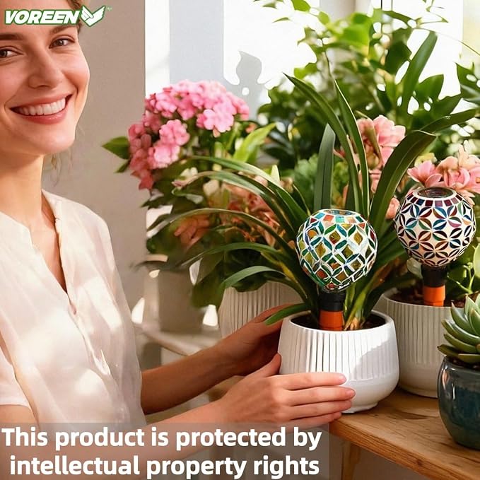 VOREEN Mosaic Plant Watering Globes with Terracotta Spikes, Decorative Glass Watering Globes for Potted Plants, Garden Accent & Thoughtful Gift, Set of 2
