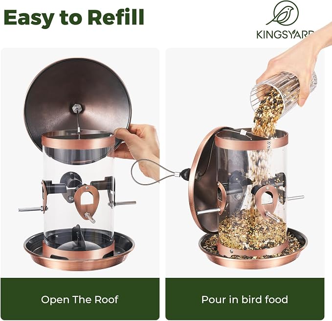 Kingsyard 4.5-Cups Large Metal Bird Feeders for Outdoors Hanging with 8 Ports, Tube Bird Feeder with Seed Tray, Weatherproof Chew Proof Roof for Cardinal Finch, Copper
