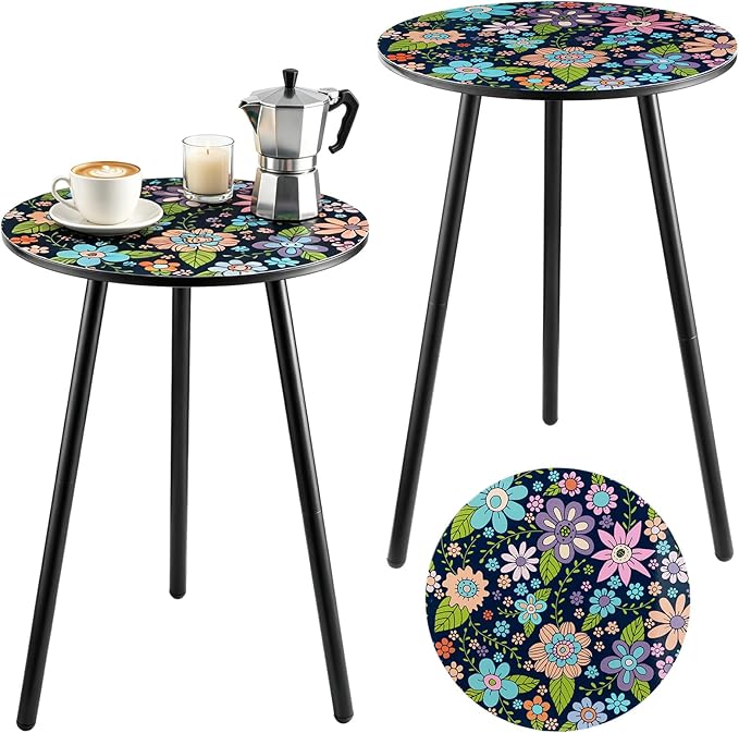Outdoor Side Table Set of 2 Patio Side Tables for Outside Black End Tables Small Outdoor Table Round Patio End Table Metal Side Table Outside, Indoor, Bedroom, Living Room, Small Spaces, Navy Floral