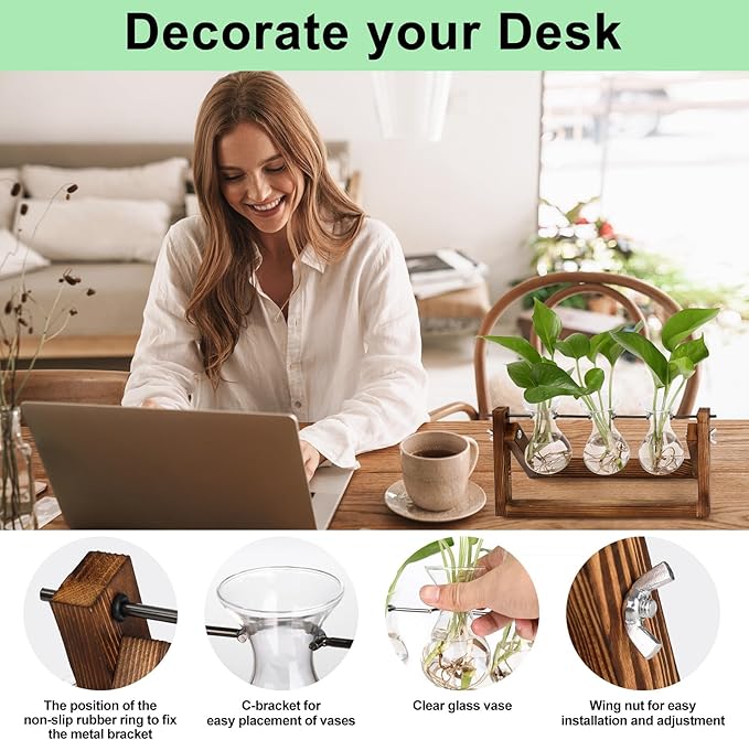 YIBOT Propagation Stations,Plant Terrarium with Wooden Stand-3 Glass Vases | Unique Gardening Birthday Gifts for Women Mom Plant Lovers, Indoor Hydroponics Plants Home Office Garden Desk Decor