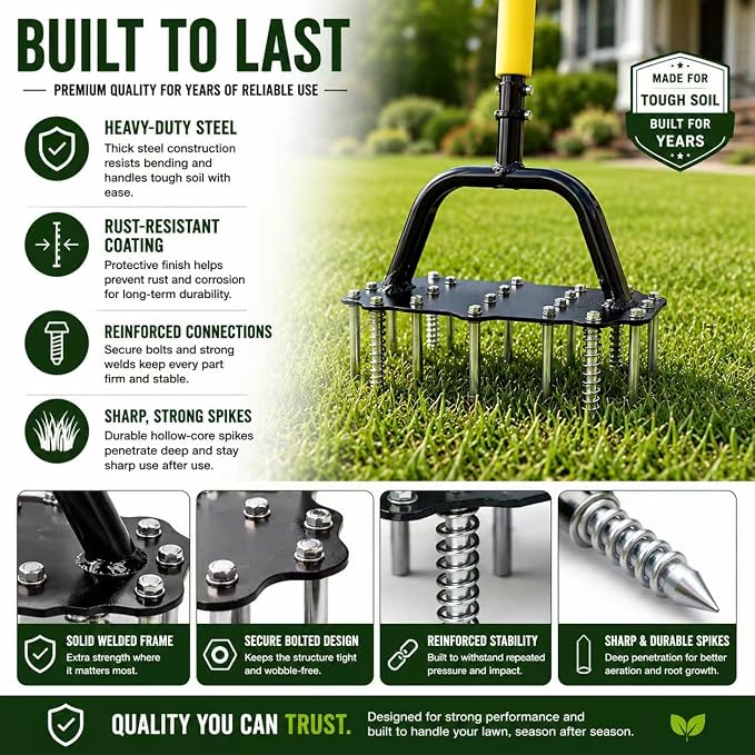 Manual Lawn Aerator Tool – Pre-Assembled 16-Spike Yard Aerator with Ergonomic T-Handle, Double-Spring Auto Dirt Clean, Heavy Duty Steel Grass & Soil Aerator for Lawn Aeration