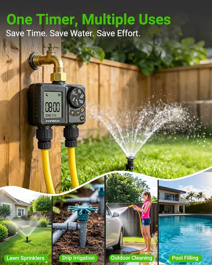 2 Zone Water Timer for Garden Hose, Programmable Hose Timer for Watering with Built-in Rechargeable Battery, Rain Delay/Manual/Auto Modes, IPX6 Waterproof Sprinkler Timers for Lawn, Yard, Farm