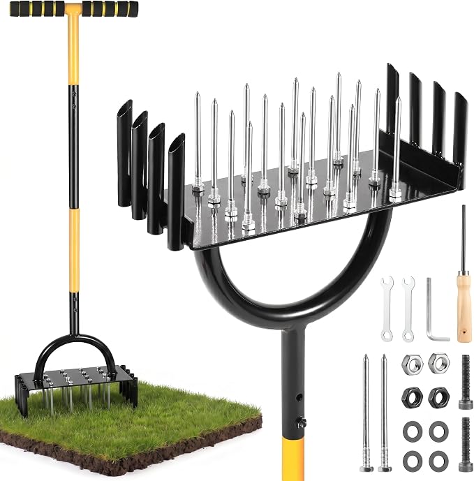 2-in-1 Lawn Aerator, Manual Core Aerator Lawn Tool with 24-Spikes Suitable for Lawn Ventilation, Garden Soil Loosening and Compact Soil Care, Revives Lawn Health