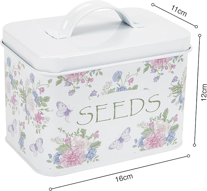 Katai – Seed Storage Box – Durable Metal Organizer for Gardeners with Lid, Monthly Dividers, 20 Envelopes & Pencil – Compact Floral Seed Packet Box