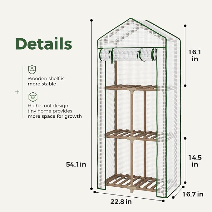 Bamworld Greenhouse for Outdoors Mini Greenhouse Indoor 3-Tier Plant Stand Portable Green Houses with PE Cover Durabled 23 x 17 x 54-Inch Wood Frame Invernaderos para Plantas