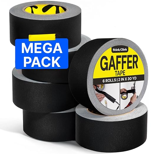 6-Pack Black Gaffers Tape - 2 inch x 30 Yards - Pro Water-Resistant Black Gaff Tape for Cables, Matte, Non-Reflective, Easy Tear by Hand, No Residue, Stage Marking, Photography, Audio, Video Setup