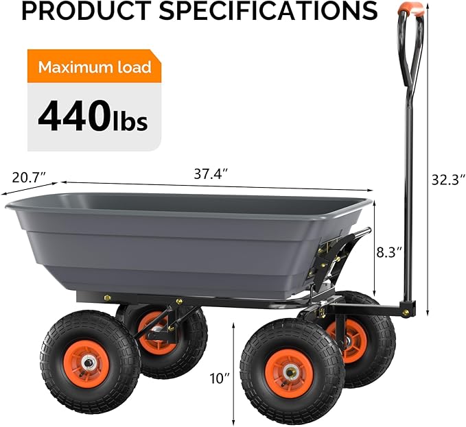 VINGLI Dump Cart Wagon, 600LBS Quick-Release Dump Wheelbarrow, All-Terrain 10" Tires Garden Wagon for Yard, Lawn and Outdoor Use