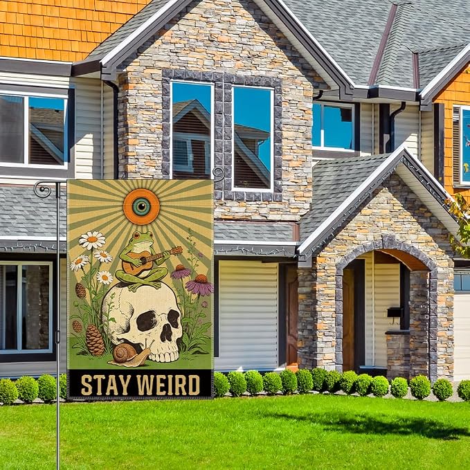 Perfectinsoy Stay Weird Funny Garden Flag, Boho Skull Frog Flags, Inclusion Human Rights Yard Banner, Community Progress Welcome Yard Farmhouse Patio Lawn Spring Summer Outdoor Decor