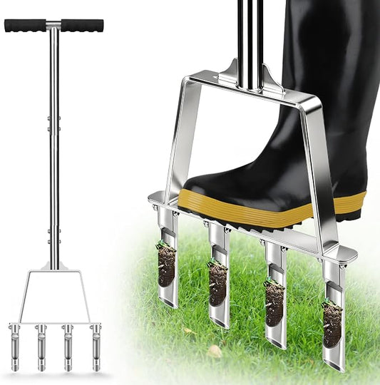 Core Aerator Lawn Tool Manual Lawn Aerator Tool with 4 Hollow Tines Non-Clogging Heavy Duty Plug Aerator for Soil Loosening Lawn Aeration, Revives Lawn Health,Garden Tool