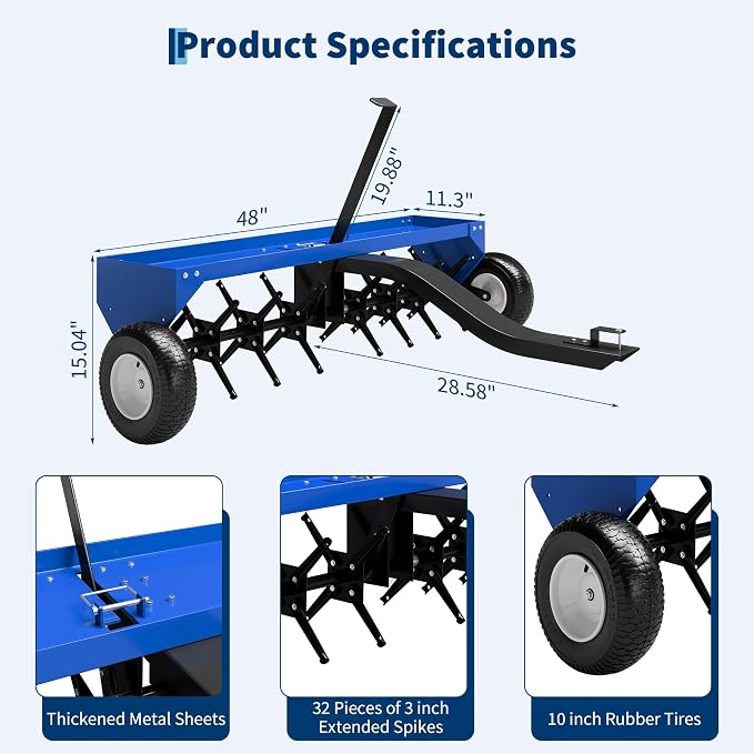 48 Inch Tow Behind Lawn Plug Aerator,100LBS Capacity Yard Aerator with Universal Hitch &10" Tires, Heavy Duty Aerator Lawn Tool Tow Behind, Steel Core Aerator for Garden Farm Yard Lawn Care