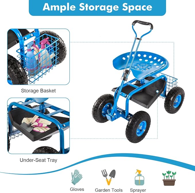 J-Sun-7 Garden Cart with Seat - Rolling Garden Scooter, Steel Stool with Wheels, 360 Degree Swivel Work Seat, Adjustable Handle, Tool Tray, Basket, Gardening Stools for Seniors, Blue