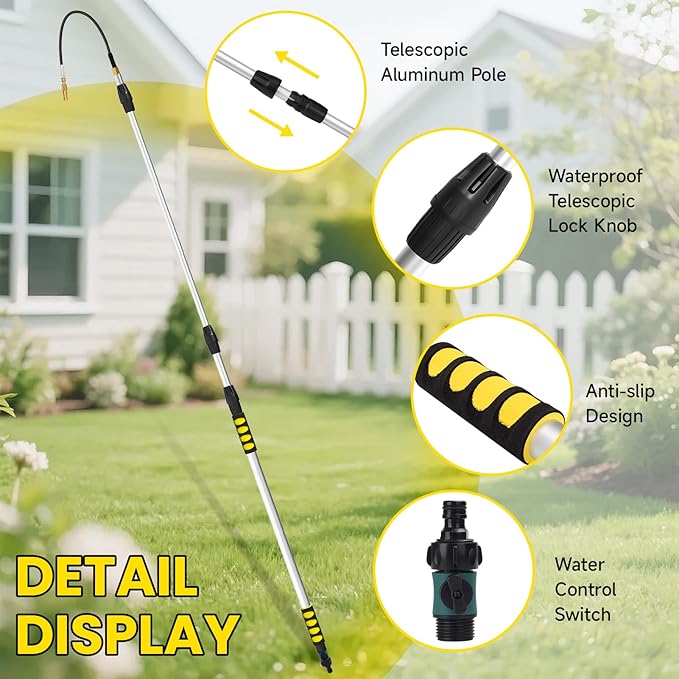 24FT Reach Gutter Cleaning Tools from Ground, Telescopic Rain Gutter Cleaner Tool with Garden Hose Attachment and Bendable Sprayer Wand