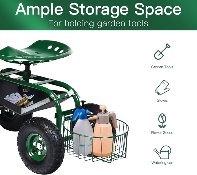 IRONMAX Garden Cart with Seat, Gardening Rolling Stool Scooter with 10’’ All-Terrain Wheels, Adjustable Steering Handle, Tool Tray and Basket, Outdoor Work Seat for Planting (Green)