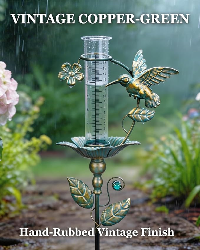 shumi Rain Gauge Outdoor Hummingbird, Upgraded Glass Rain Gauge Outdoors Best Rated, Freeze Proof Adjustable Height Rain Gauges for Yard Garden Decor, Gardening Gifts for Women