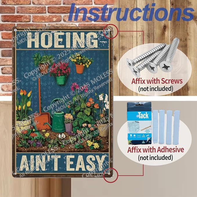 Funny Garden Sign – Hoeing Ain’t Easy | 12x8″ Vintage Metal Sign for Outdoor Garden Decor - Comical Gardening Gift for Women & Plant Lovers, 2485