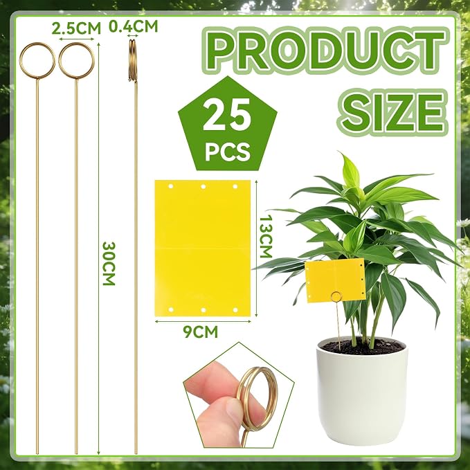50 Pcs 12 Inch Dual-Sided Yellow Fruit Fly Traps Kit Includes 25 Sticky Cards and 25 Golden Long Wire Holders Effective Insect Gnat Trap Killer for Garden Plant Indoor Pest Control Fungus Gnats
