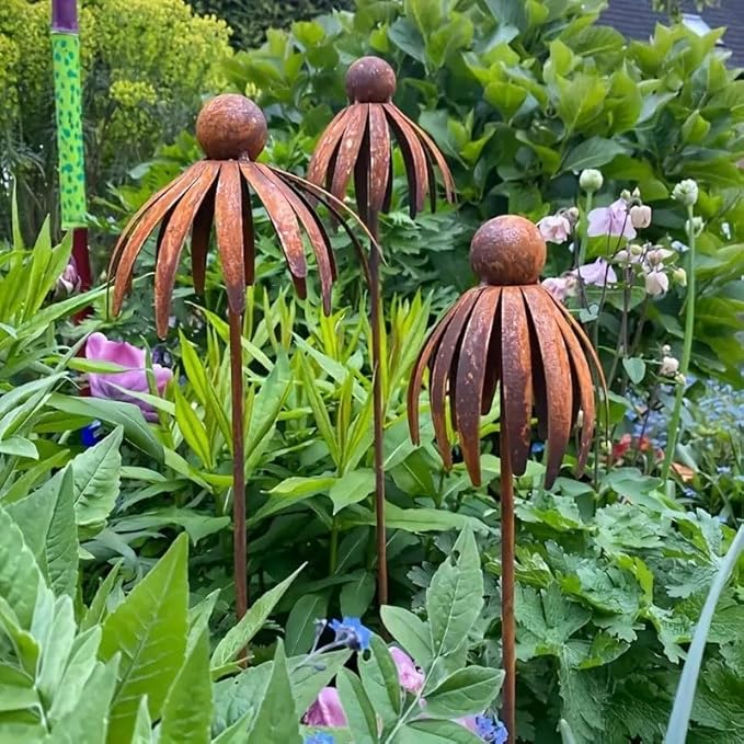 Rusty Outdoor Daisy Flower Metal Yard Stake, 30.7x5.12 Inch Large Rusted Iron Art Flower Garden Decoration, Weather-Resistant Garden Ornament for Lawn, Pathway, Patio, or Planter (Bronze)