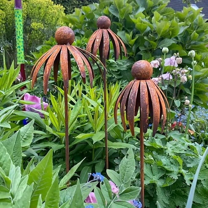 Rustic Metal Coneflower Garden Stakes, Set of 3, Rusted Iron Daisy Yard Art, 30.71x5.12 Inch, Weather-Resistant Lawn Pathway, Patio Decor (Bronze)
