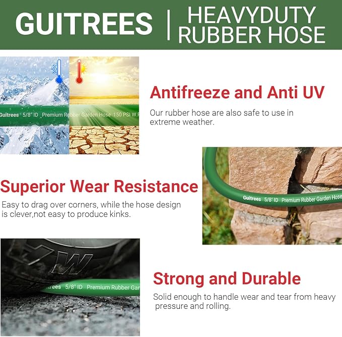 Guitrees 75FT 5/8 Heavy Duty Rubber Garden Hose - 300psi Working, 1000psi Burst - Hot/Cold Water - Five-Layered Braiding for Durability - Versatile for Gardening, Agriculture, Construction(Green)