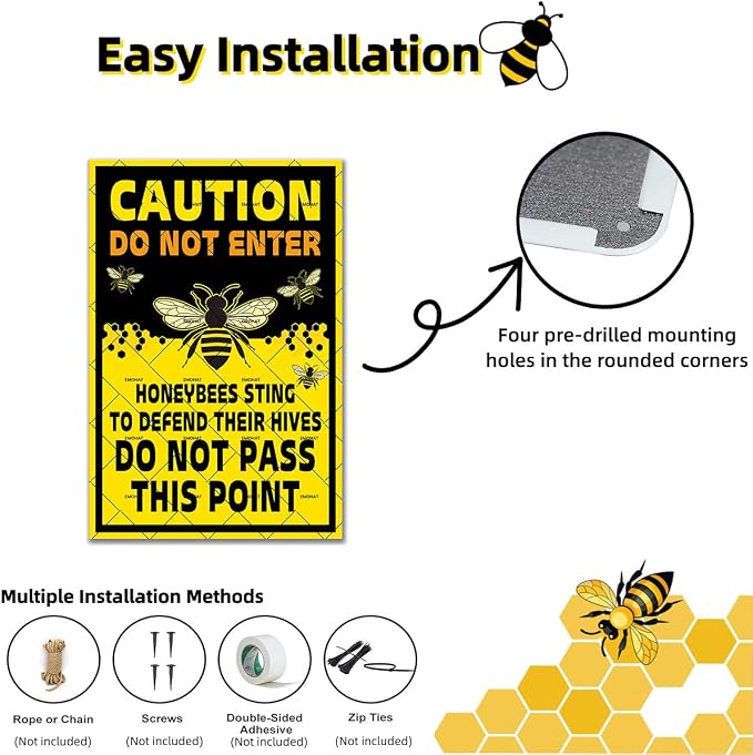 EMOHAT Caution Do Not Enter Honeybees Sting To Defend Hives Metal Tin Sign, Bee Farm Warning Sign for Garden Yard Farm, 16x12 Inch Rustic Man Cave & Farmhouse Decor