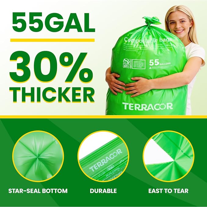 55-60 Gallon Compostable Trash Bags Liners, Heavy Duty Extra Thick 1.57 Mil, 208.2 Liter, 12 Bags, Lawn, Yard, and Restaurant Use, ASTM D6400, US BPI Certified