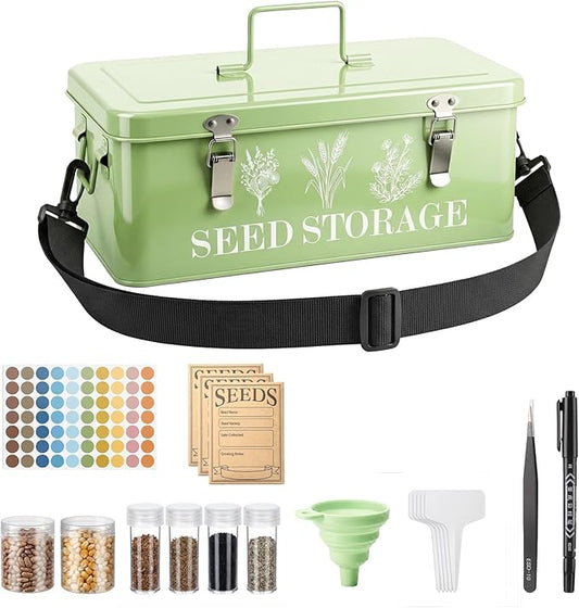 Seed Storage Organizer,Seed Storage Box with Strap,10 Large Seed & 30 Small Bottles,70 Label,60 Seeds Envelopes,4 Compartments Seed Organizer with Dual Safety Locks,Ideal for Garden Flower Plants