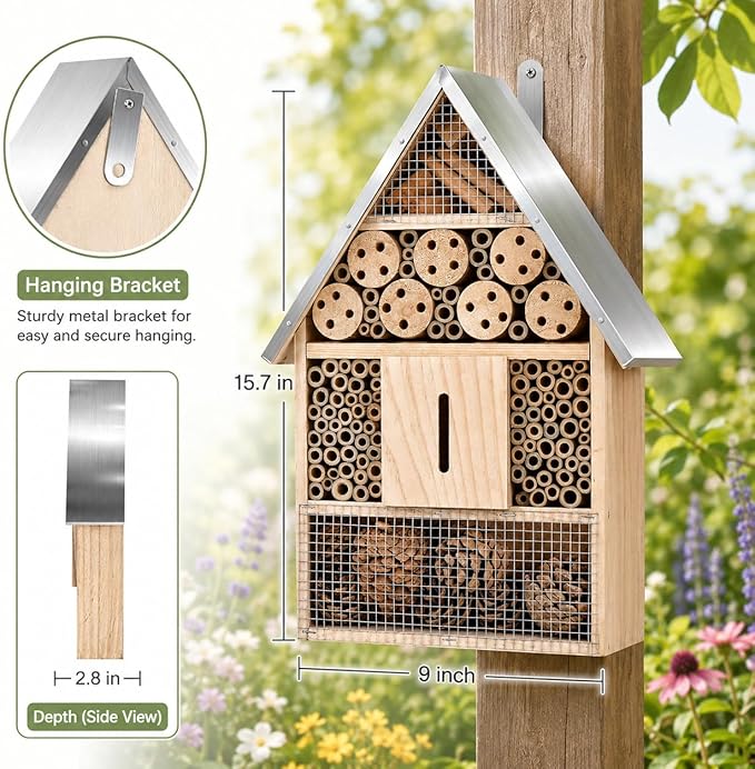 Wooden Mason Insect Bee Butterfly House,Insect Hotel,an Outdoor Hanging Bamboo Habitat for Bee Butterfly Ladybugs Live,Bee Box,Butterfly Habitat for Garden,9 x 15.7 x 2.5 Inch