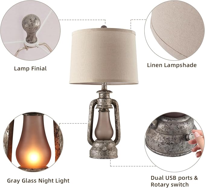 Farmhouse Rustic Table Lamps Set of 2, Iron Gray | Vintage Lantern Design, Dual USB Ports, 25 Inch Tall, 4 Bulbs Included