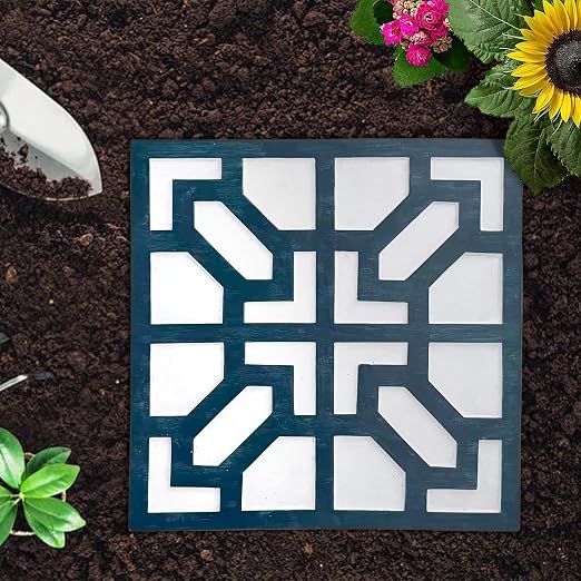 2 Pack Square Stepping Stones, 10” Cement Garden Path Stones in Moroccan Tile Design, Modern Geometric Outdoor Patio Decor, Weather-Resistant (Midnight Indigo)