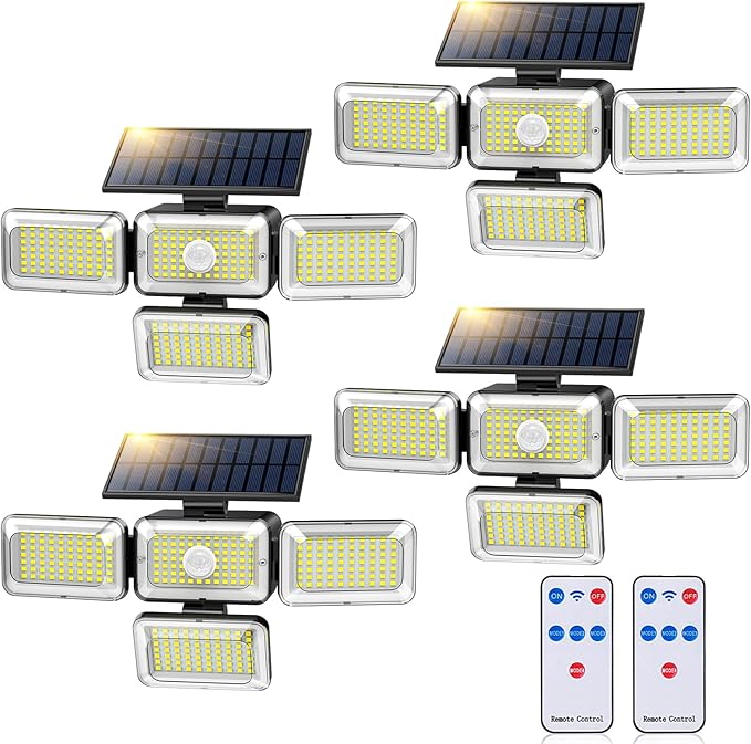 Solar Lights Outdoor, 288 LED 2800LM Motion Sensor Outdoor Light with Remote Control, 4 Heads IP65 Waterproof Solar Flood Security Lights for Outside Patio Wall -4PACK