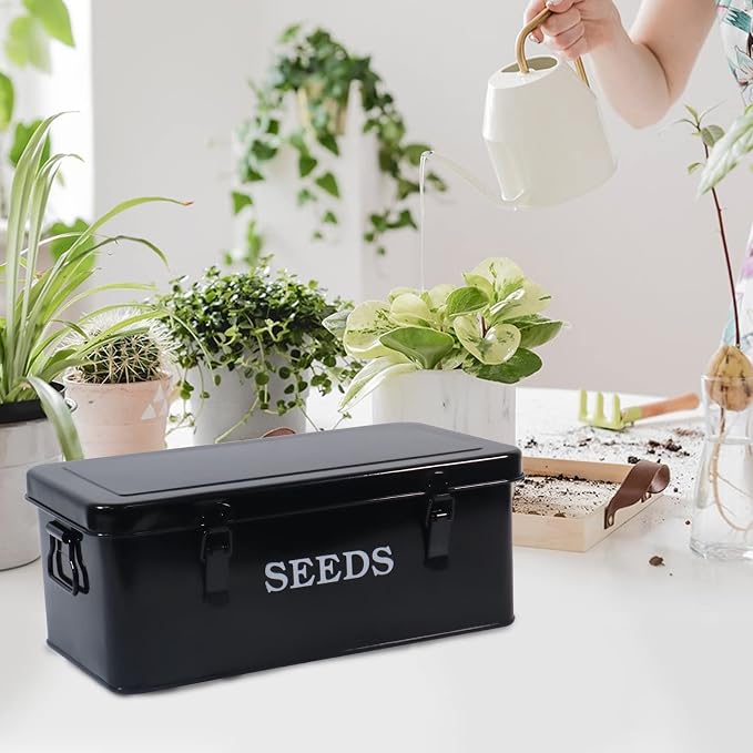 Seed Storage Box Metal Seed Container Seed Packet Storage Organizer, Seed Storage Container with Lid Seed Envelope Storage Box-4 Compartments Garden Seed Box with Safety Locks-Black
