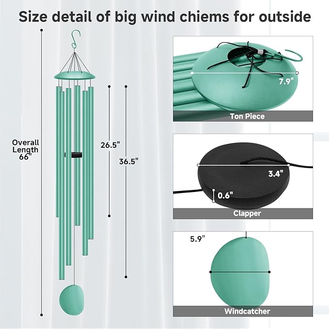 66" Extra Large Wind Chimes for Outside Deep Tone,6 Thick and Bold Aluminum Tubes Tuned Relaxing Melody Wind Chime,Big Wind Chimes for Garden Patio Decor, Great Gift Idea for Mother's Day(Ocean Blue)