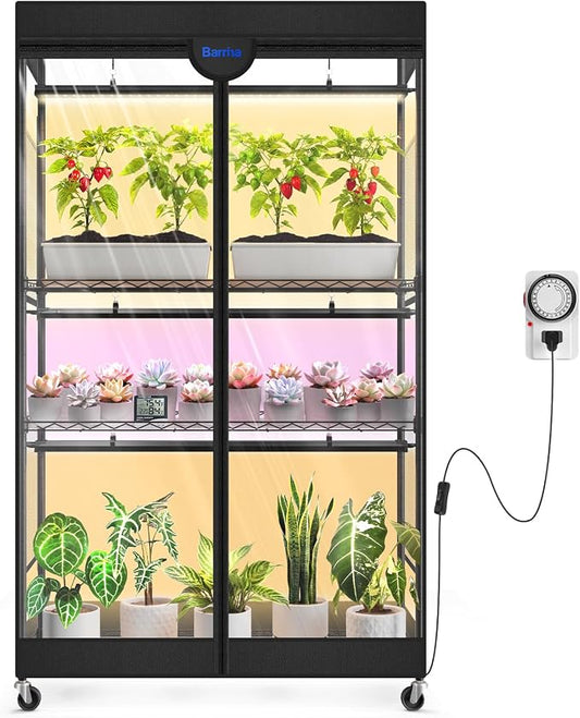 Barrina LP900 Mini Greenhouse with Grow Lights, 4-Tier Plant Stand with 135W TX-S45 3FT 3 Adjustable Full Spectrum Lights , Plant Shelf with Tent Timer & Thermometer for Seed 35.4 x 13.8 x 59.1IN
